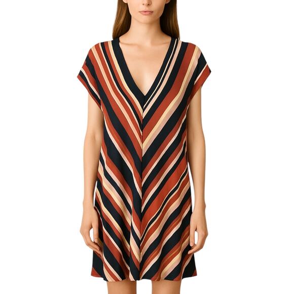 MNG Mango Multicolor Striped Short Drop Sleeve V Neck A Line Mini Day Dress Sz L - Picture 1 of 6